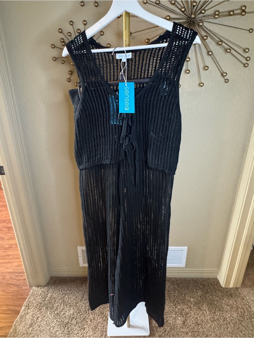 SENSO Black Open-Weave Sleeveless Jumpsuit with Tie Waist